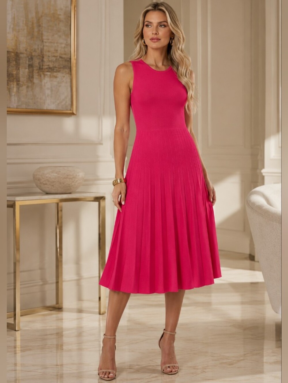 Edited by Remi Bader Sleeveless Fitted-to-Flare Fuchsia Pink Midi Dress